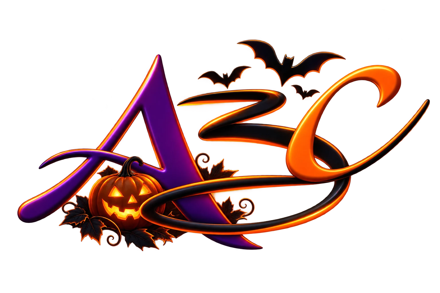 A3C – Accueil du site Logo Halloween du cabinet A3C à Dunkerque, avec lettres violettes et orange, citrouille illuminée, chauves-souris et feuilles automnales.