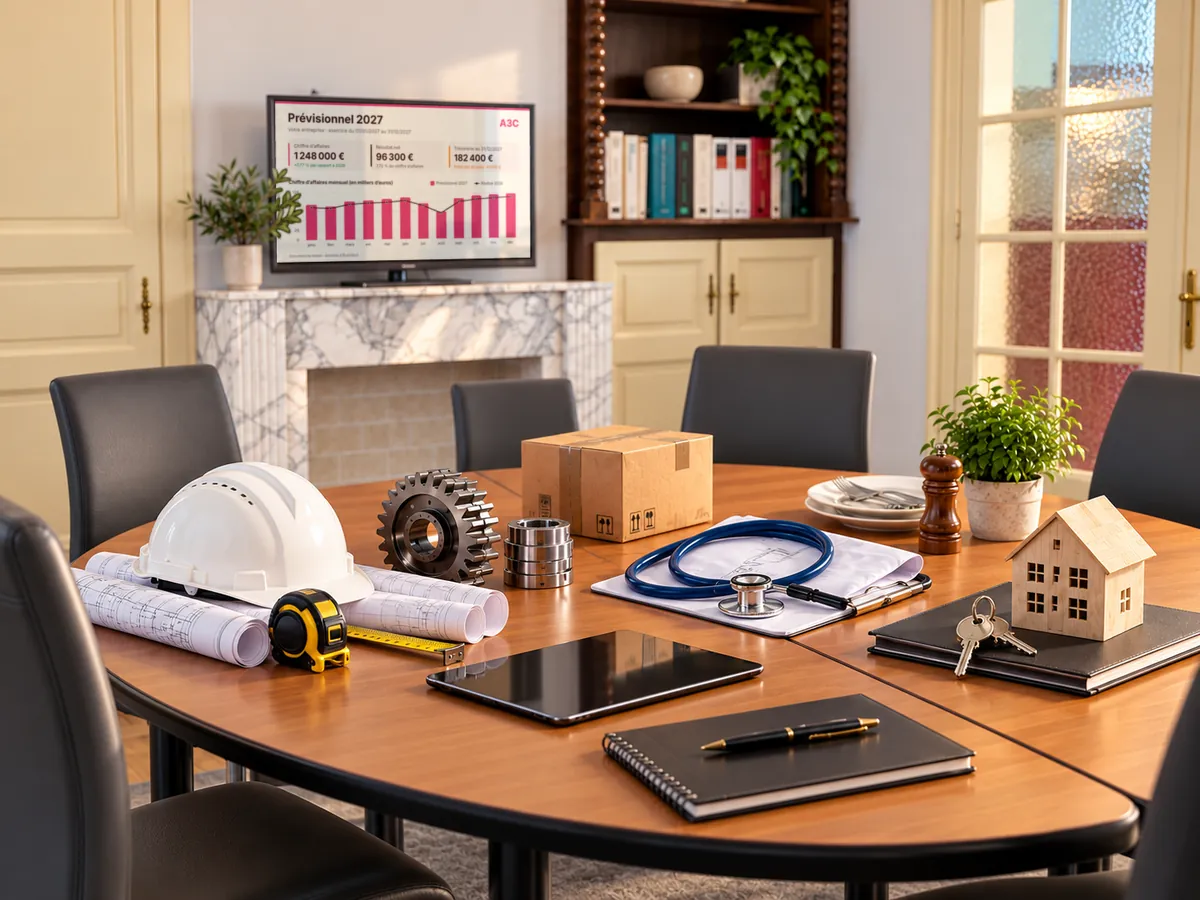 Table de réunion du cabinet A3C avec des objets des métiers accompagnés : chantier, industrie, logistique, santé, restauration, immobilier